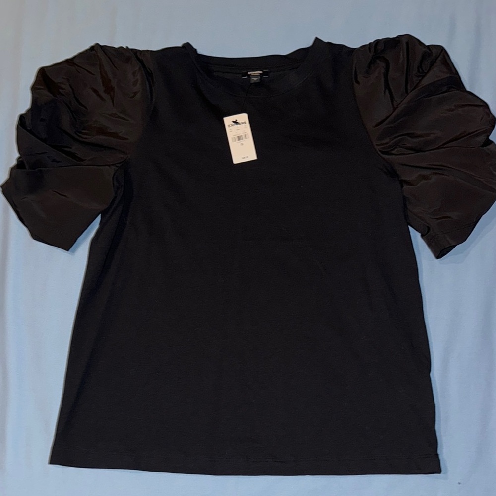 Express Black Ruched Puff Sleeve Blouse